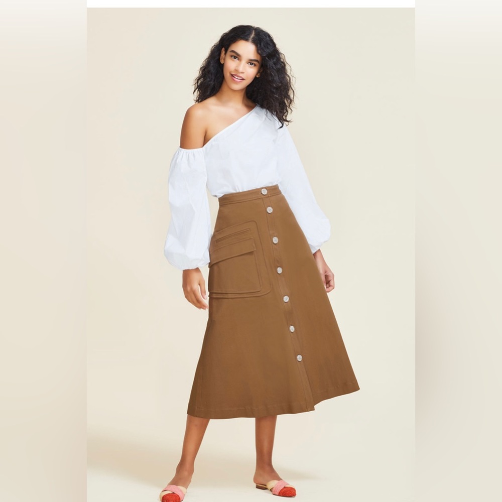 NWT Pearl by Lela Rose Stretch Cotton Button Front Skirt in Camel - Picture 5 of 15